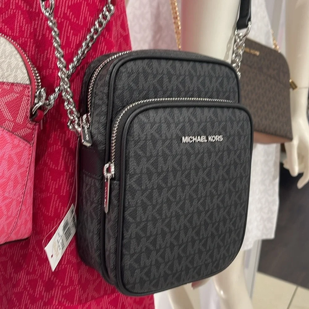 MICHAEL KORS Jet Set Trav Md Logo Crossbody Flight NS Black/Silver NWT Messenger